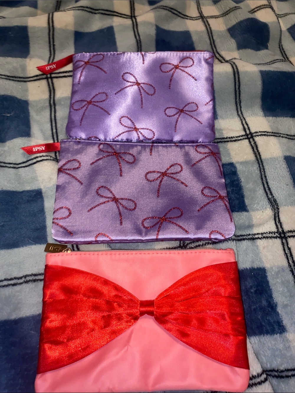 ipsy Pink Pouch with Red Satin Bow & Purple Bow-Print Satin Case Set of 3